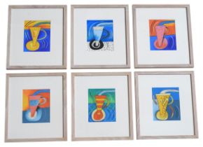 NELL NILE (b. 1948) SIX ABSTRACT PASTEL ON PAPER PICTURES OF COFFEE CUPS, with light coloured