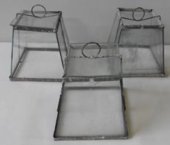 THREE VINTAGE GLASS AND ZINC GARDEN CLOSHES, CIRCA 1930, square tapered form with ring handles 17