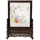 CARVED SOFTWOOD AND PORCELAIN INSET SCREEN REPUBLIC PERIOD depicting the eight immortals 31cm high