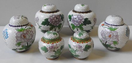 THREE GRADUATED PAIRS OF CHINESE CLOISONNE GINGER JARS, LATE 20TH CENTURY, all decorated with