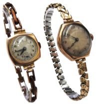 TWO VINTAGE GOLD CASED LADIES WRISTWATCHES, both with engine turned dials (18 mm & 20 mm), one