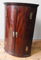 A GEORGE III MAHOGANY CORNER CUPBOARD, moulded cornice over two bowed doors enclosing two interior