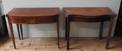 TWO 19TH CENTURY MAHOGANY CARD TABLES, one serpentine form and one bow form, both with fold over