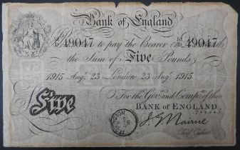 A BANK OF ENGLAND WHITE FIVE POUND NOTE, 1915, signed by Nairne, numbered 52D49047 and dated 23rd
