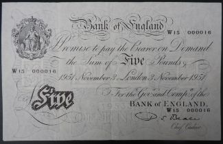 A RARE BANK OF ENGLAND WHITE FIVE POUND NOTE, 1951, signed Beale and dated 3rd November 1951 (