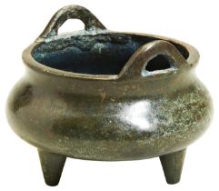 SMALL BRONZE TRIPOD CENSER QING DYNASTY, 19TH CENTURY of compressed globular form 11cm diam