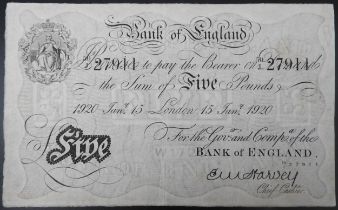 A BANK OF ENGLAND WHITE FIVE POUND NOTE, 1920, signed Harvey, dated 15th Jan 1920 (London) No. 50-