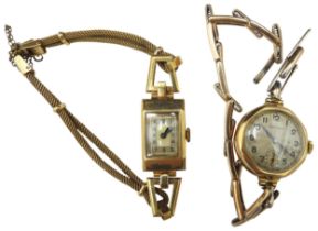 TWO YELLOW METAL VINTAGE LADIES WRISTWATCHES, one with a rectangular dial stamped .375, one with a