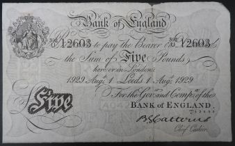A RARE BANK OF ENGLAND WHITE FIVE POUND NOTE, 1929, signed Catterns, dated 1st Aug 1929 (Leeds)