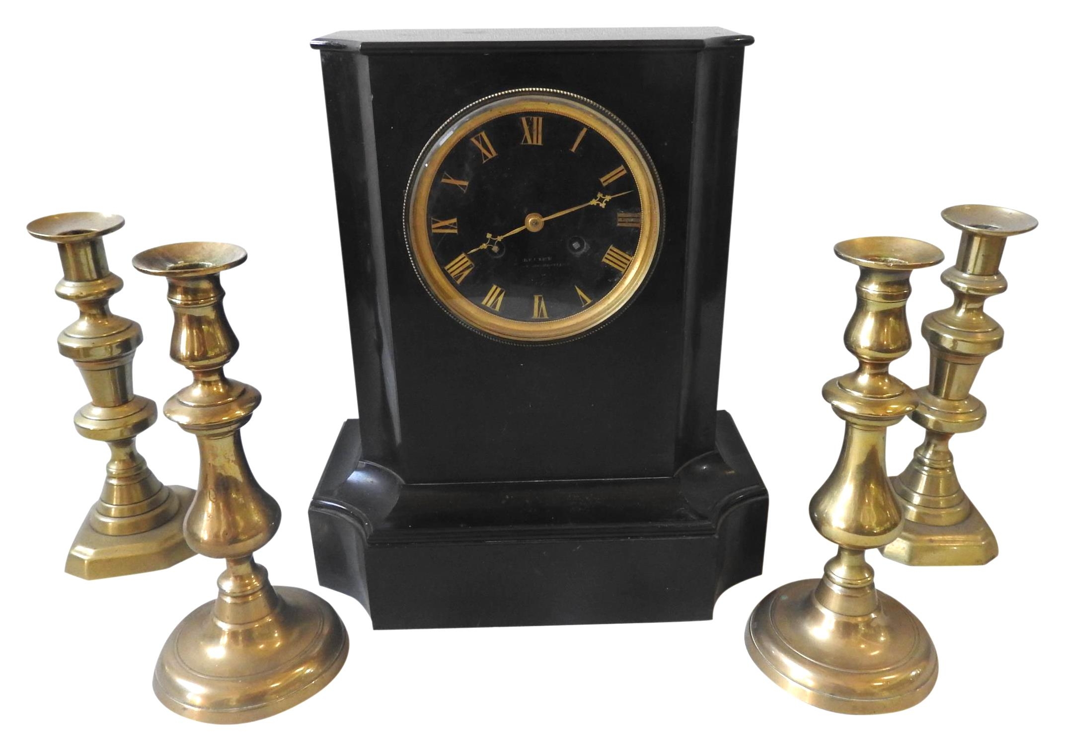 A 19TH CENTURY SLATE MANTEL CLOCK, the case with canted corners, the black dial with brass