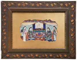 A LATE 19TH CENTURY CHINESE WATERCOLOUR, depicting courtiers around an altar table