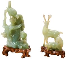 TWO GREEN HARDSTONE GROUPS 20TH CENTURY one depicting two deer, the other birds perched on a tree