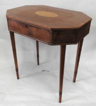 A LATE VICTORIAN SATIN WOOD CROSS BANDED SEWING TABLE, the hinged octagonal top with central oval