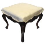 A 19TH CENTURY MAHOGANY STOOL, the square form frame with scroll and cartouche frieze panels, raised