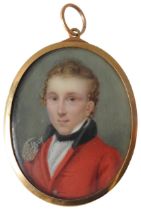 A REGENCY PORTRAIT MINIATURE OF YOUNG GENTLEMAN IN MILITARY JACKET, hand painted on an oval panel,