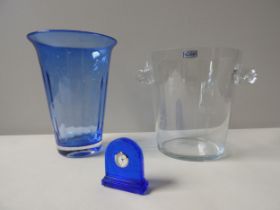 A COBALT BLUE BACCARAT CLOCK DESK CLOCK of Arched Form, a large handmade glass vase and a Bohemian