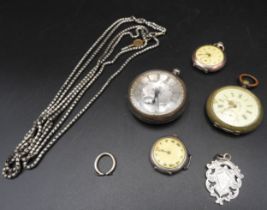 2 LARGE POCKET WATCHES; ONE SMALL POCKET WATCH, A WATCH FACE AND A SILVER CHAIN