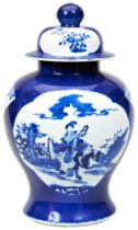 LARGE BLUE AND WHITE POWDER-BLUE-GROUND COVERED JAR QING DYNASTY, 19TH CENTURY the baluster sides