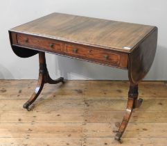 A ROSEWOOD & MAHOGANY CROSS BANDED VICTORIAN SOFA TABLE, rectangular top with two drop leaves over