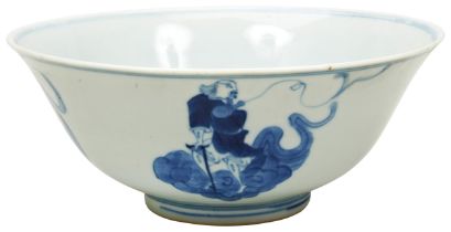BLUE AND WHITE IMMORTALS BOWL QING DYNASTY the sides painted with immortals and their characteristic