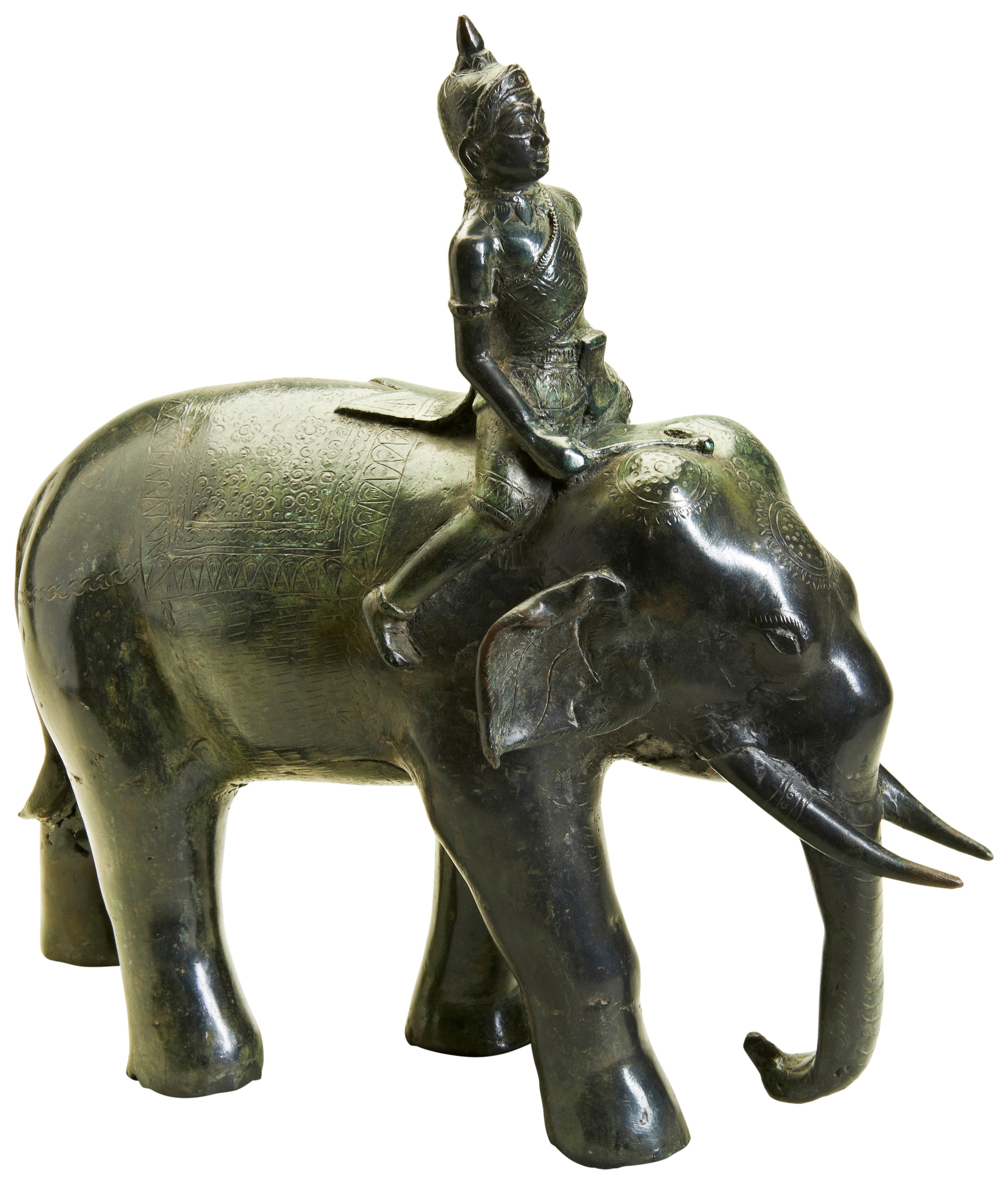 LARGE BRONZE FIGURE OF AN INDRA RIDING AN ELEPHANT  INDIA, LATE 19TH / EARLY 20TH CENTURY