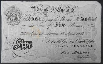A BANK OF ENGLAND WHITE FIVE POUND NOTE, 1922, signed Harvey, dated 15th Apr 1922 (London) No. D-