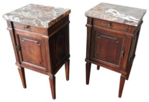 A PAIR OF FRENCH 19TH CENTURY MARBLE TOP MAHOGANY BEDSIDE CUPBOARDS, each with a rectangular