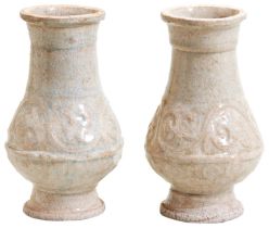 PAIR OF PALE CELADON VASES SONG DYNASTY OR LATER the baluster sides carved with a band of stylised