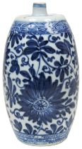 BLUE AND WHITE BARRELL-FORM SPIRIT BOTTLE KANGXI PERIOD (1662-1722) the sides decorated with large