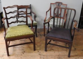 A MIXED GROUP OF FOUR 19TH CENTURY MAHOGANY CARVER CHAIRS, including lyre back, slat back and ladder