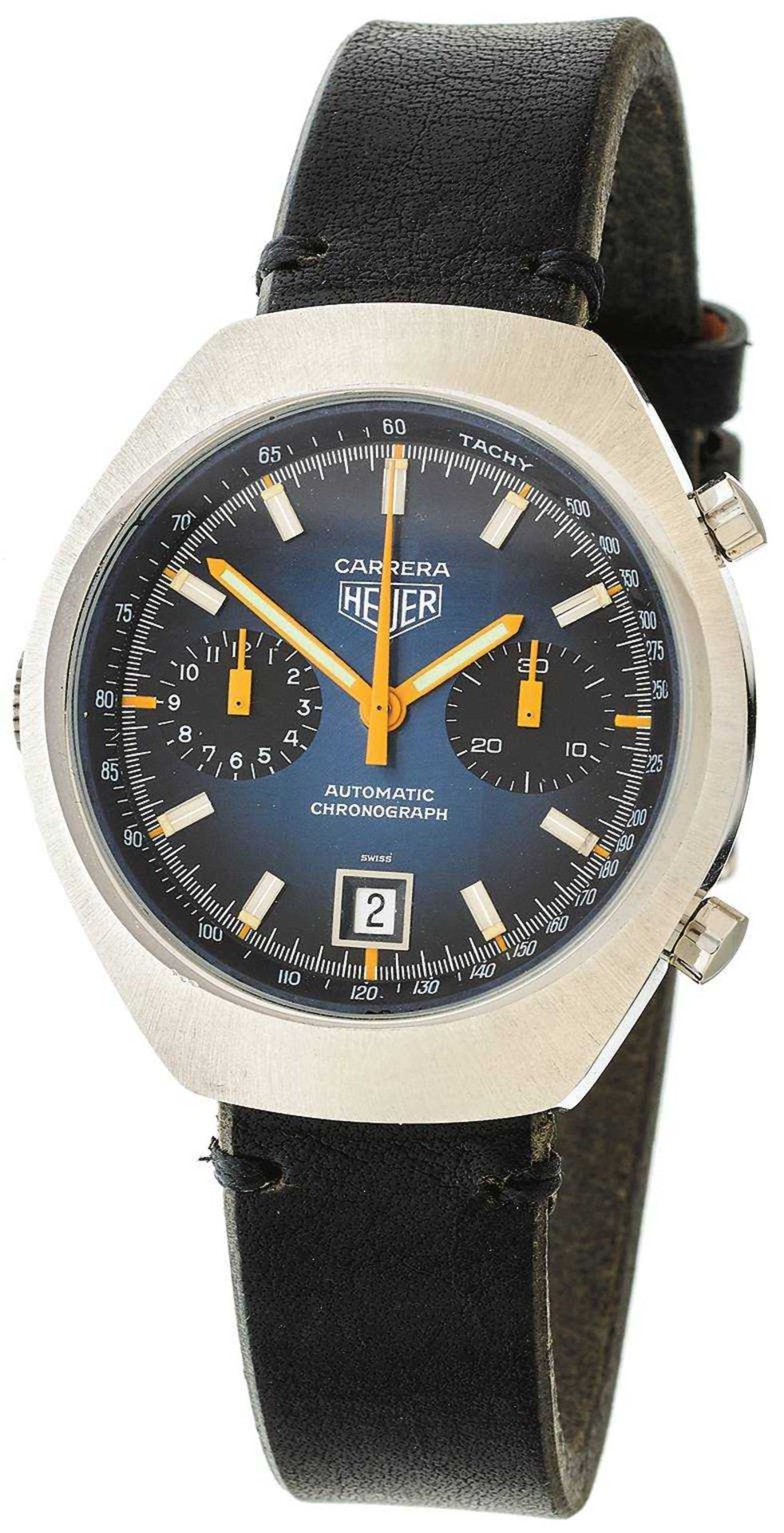Herren Armband Uhr \Carrera Heuer\ Chronograph. Ca. 38mm, um 1975, Edelstahlgehäuse Nr. 110573,  Ank
