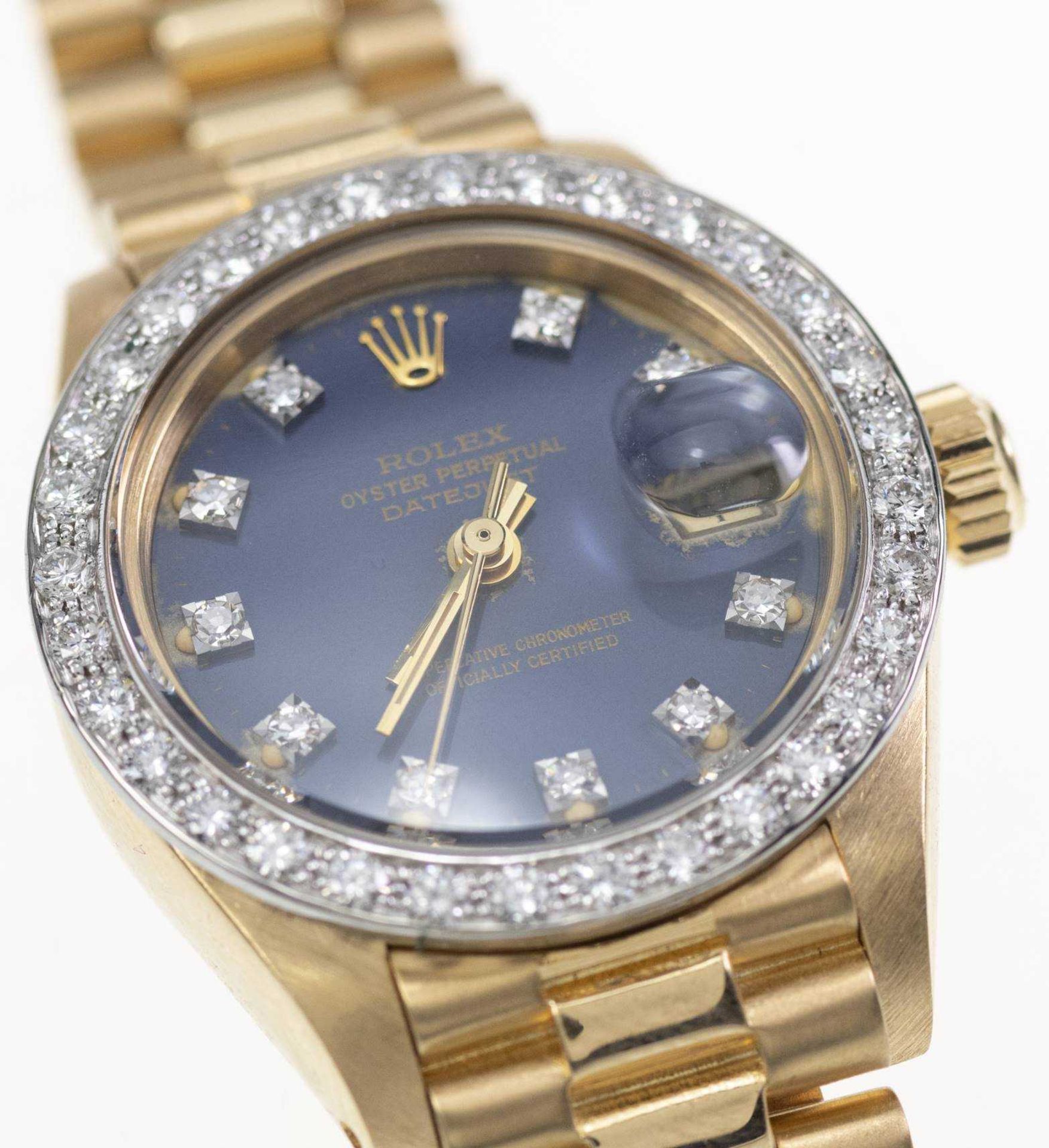 \Rolex Lady Datejust\-Damenarmbanduhr. Ca. 26 mm, 0.750 Au, Automatik. Diamantlünette, Saphirglas, b - Bild 2 aus 4