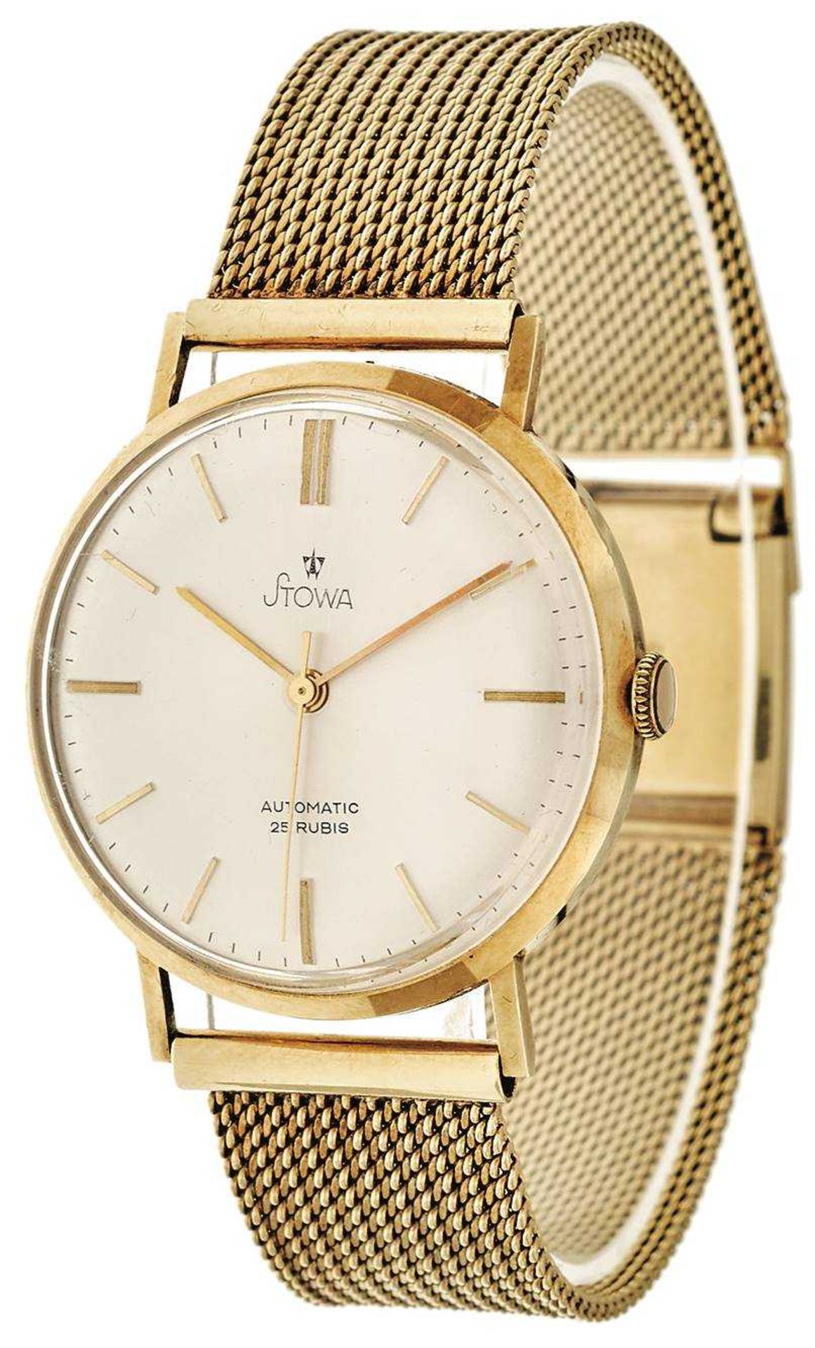 Stowa gentlemen wrist watch. Ca. 34 mm, 585er Gold, automatic. Silver-coloured dial, golden indexes.