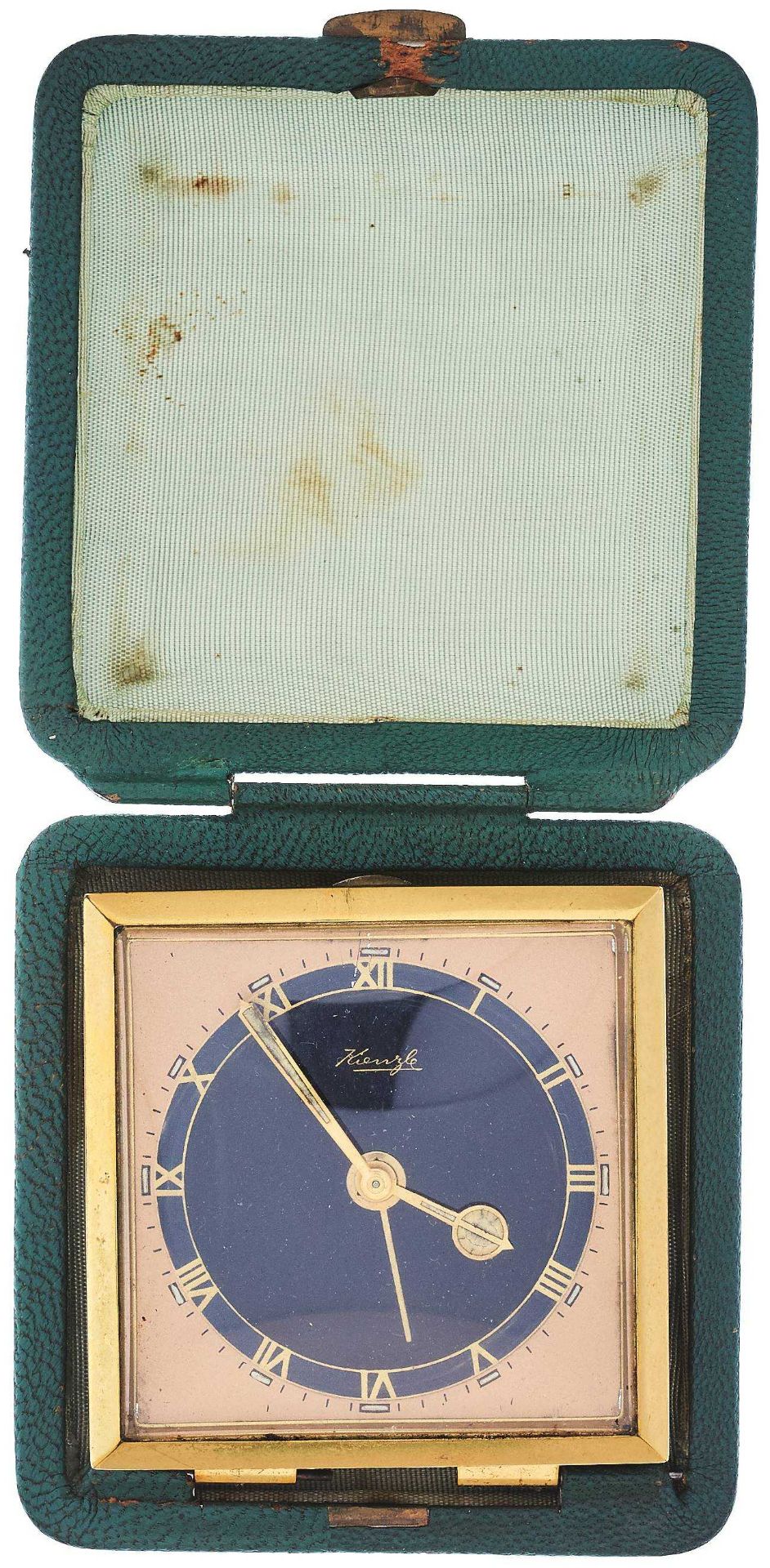 Travel clock of the company Kienzle in green leather case. Middle 20th century Ca. 5, 0 x 5, 0 cm. C