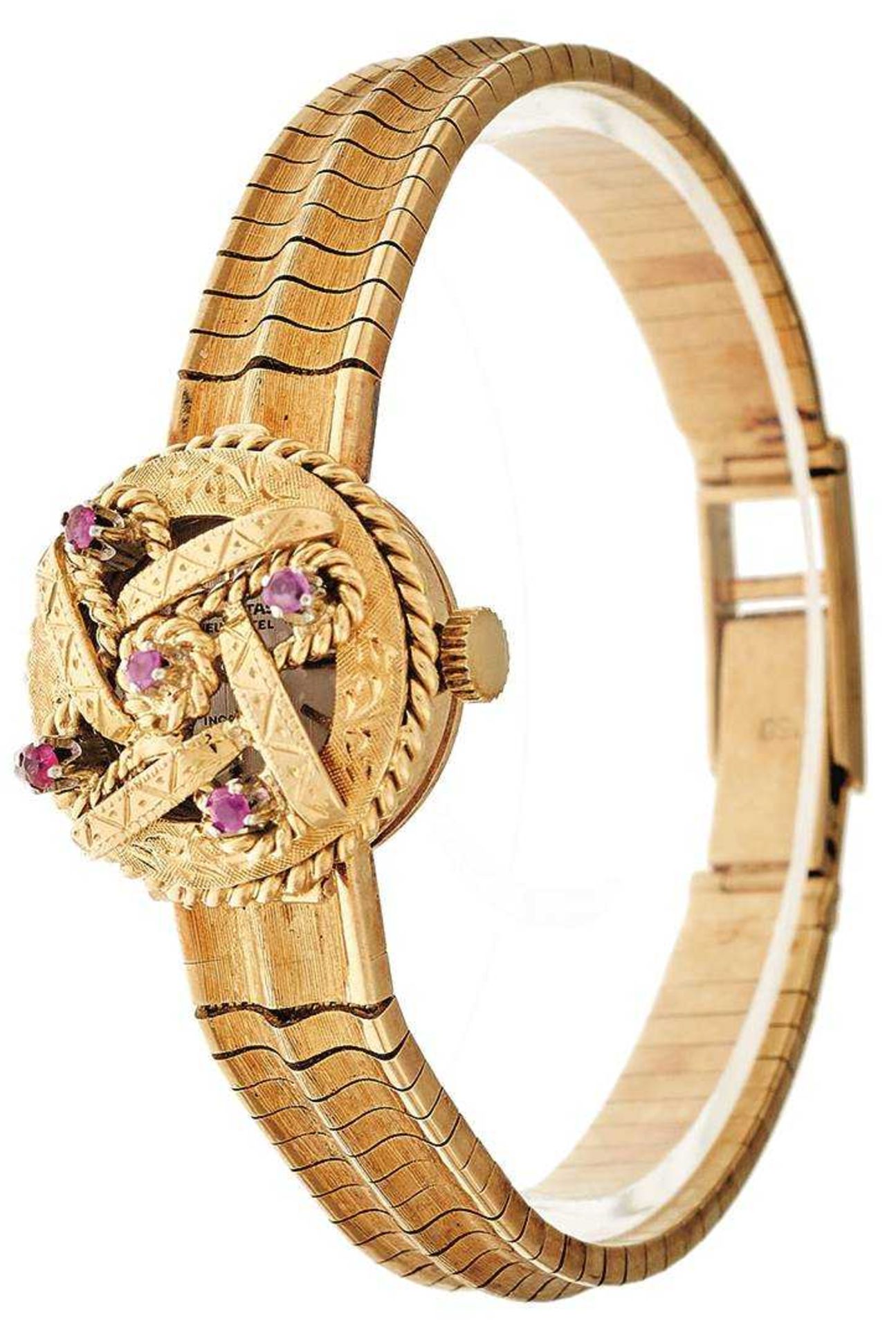 Felicitas Neuchatel Damen Armbanduhr. Ca. 20mm, Formuhr, 750er Gelbgold, Handaufzug. Silberfarbenes