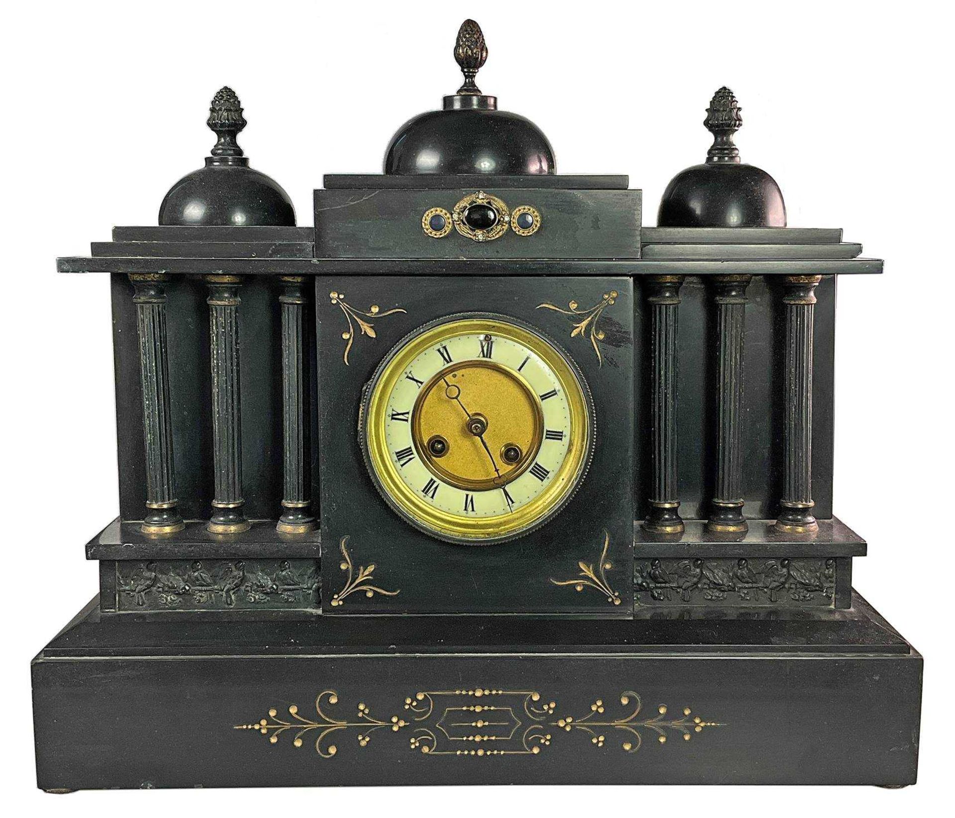 Table clock marble with black metal applications, with strike, body with age traces, watch and ringe