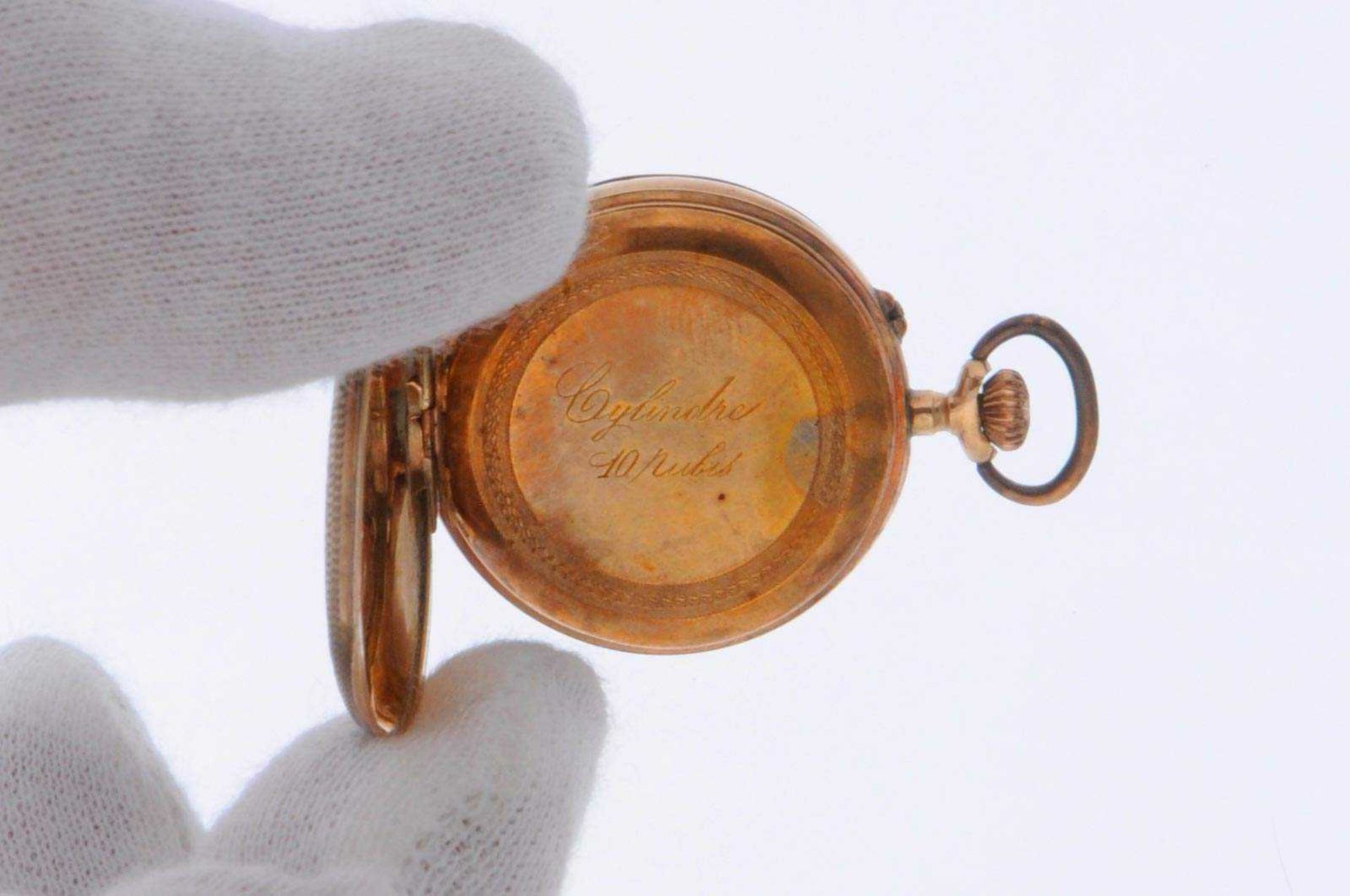 Pocket-watch, 19th century, seeming France. Ca. 28, 2 mm, 585er Gold, 17, 8 g. Reverse side floral d - Image 3 of 5