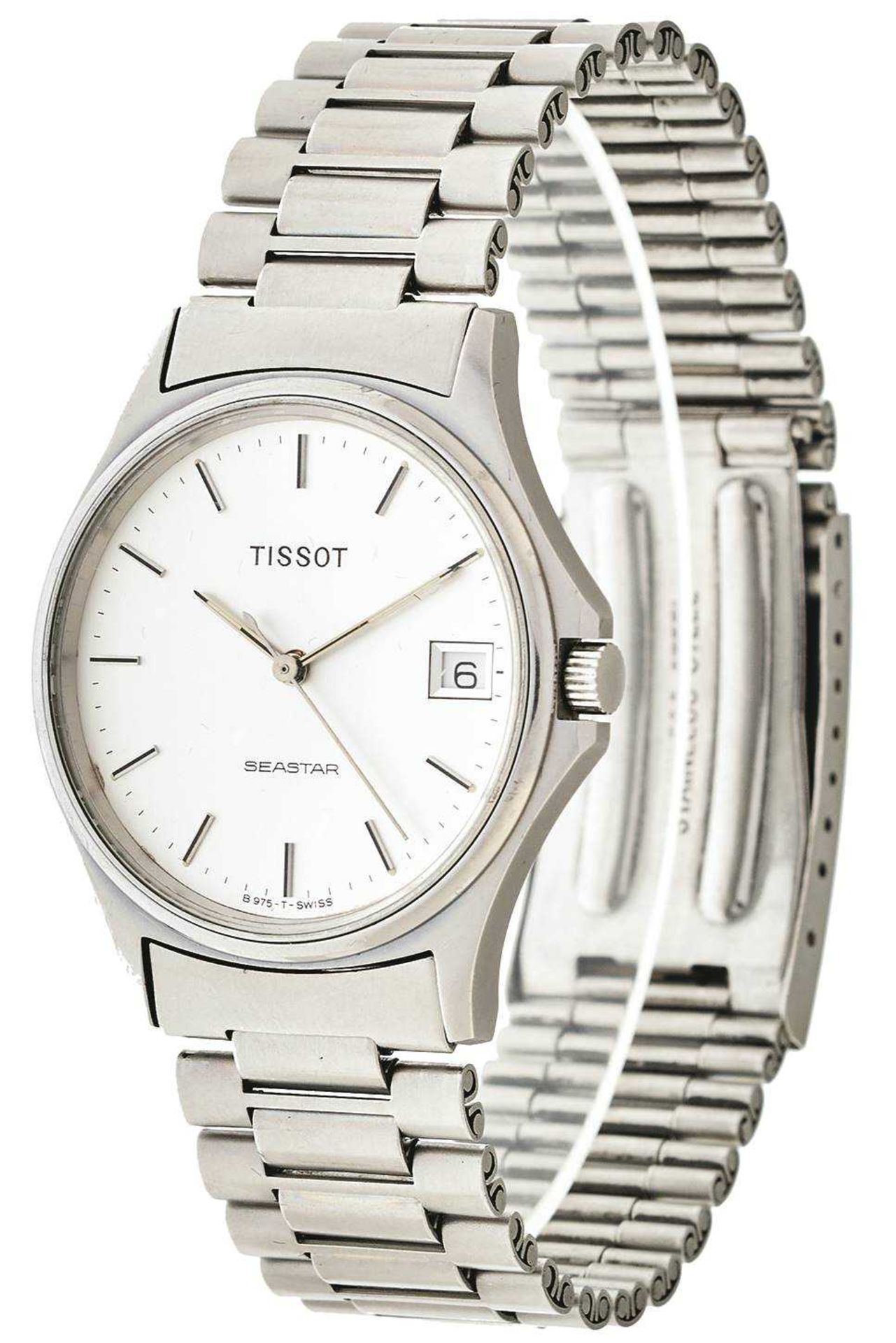 Tissot Seastar Herren Armbanduhr. Ca. 33mm, Edelstahl, Quarz. Silberfarbenes Ziffernblatt mit fluore