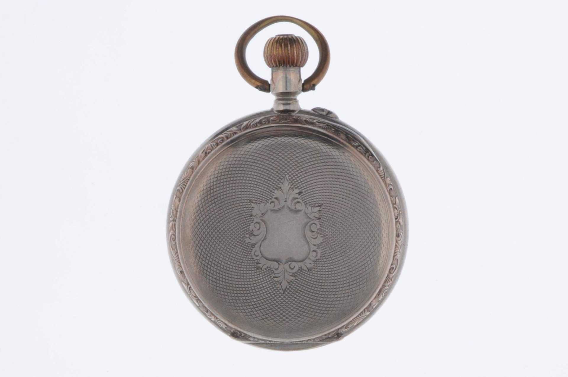 Sprungdeckel-Taschenuhr \Minerva\. Ca. 45mm, um 1880-1900, Schweiz, 800er Silber mit Galoné Verzieru - Bild 2 aus 5