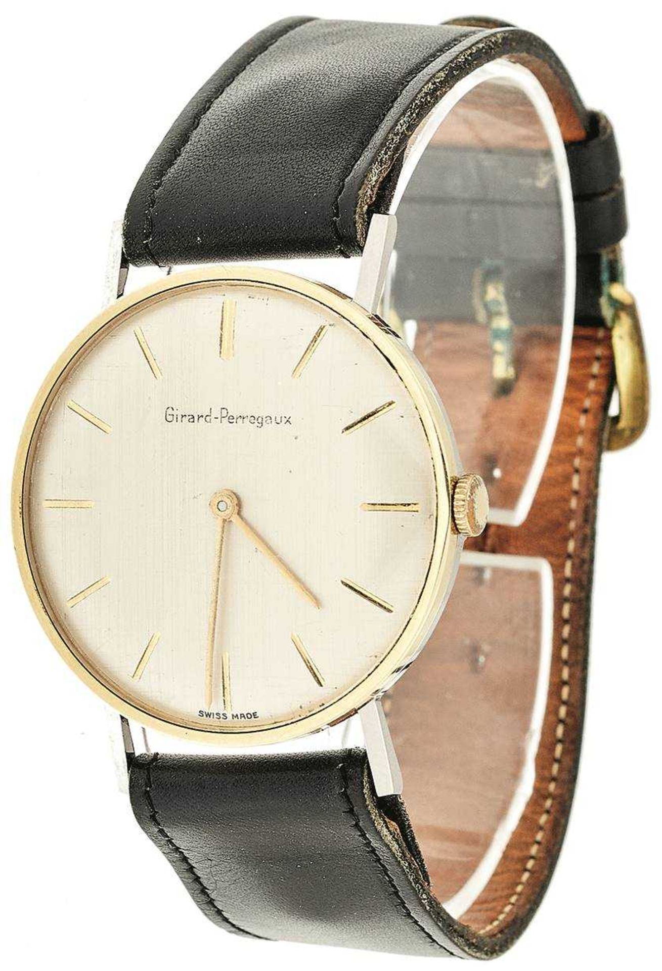 \Girard Perregaux\ Armbanduhr. Mitte des 20. Jh., Schweiz. Bicolor, Lederarmband, Handaufzug, Gehäus