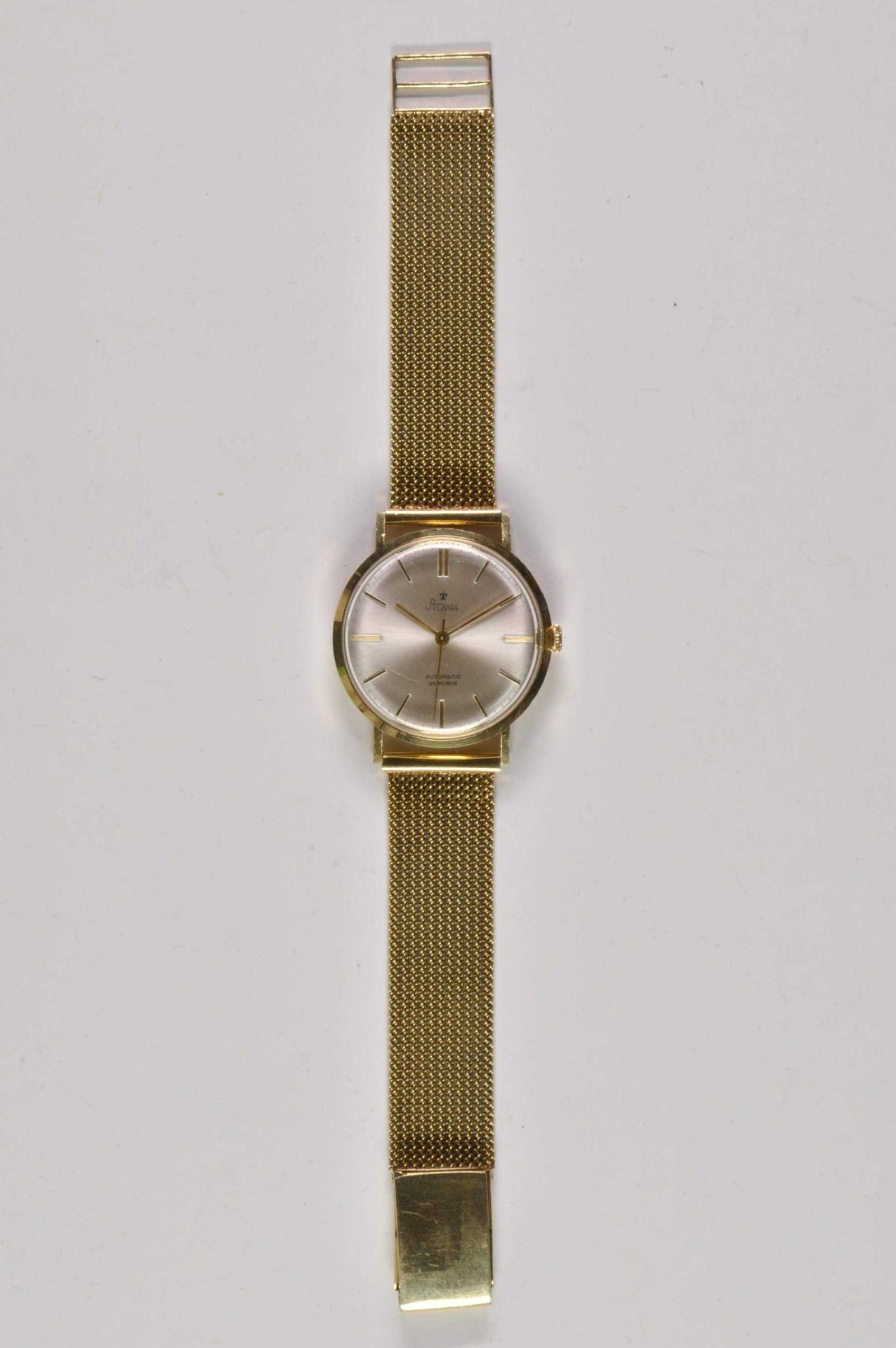 Stowa Herren Armbanduhr. Ca. 34mm, 585er Gold, Automatik. Silberfarbenes Ziffernblatt, goldene Indiz - Bild 2 aus 3