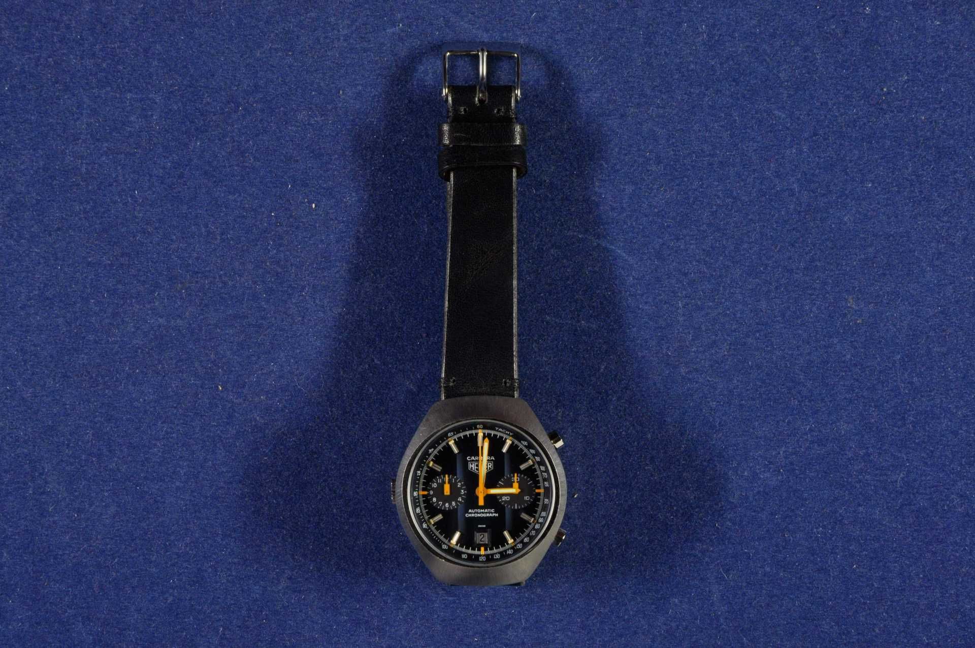 Herren Armband Uhr \Carrera Heuer\ Chronograph. Ca. 38mm, um 1975, Edelstahlgehäuse Nr. 110573,  Ank - Bild 2 aus 6