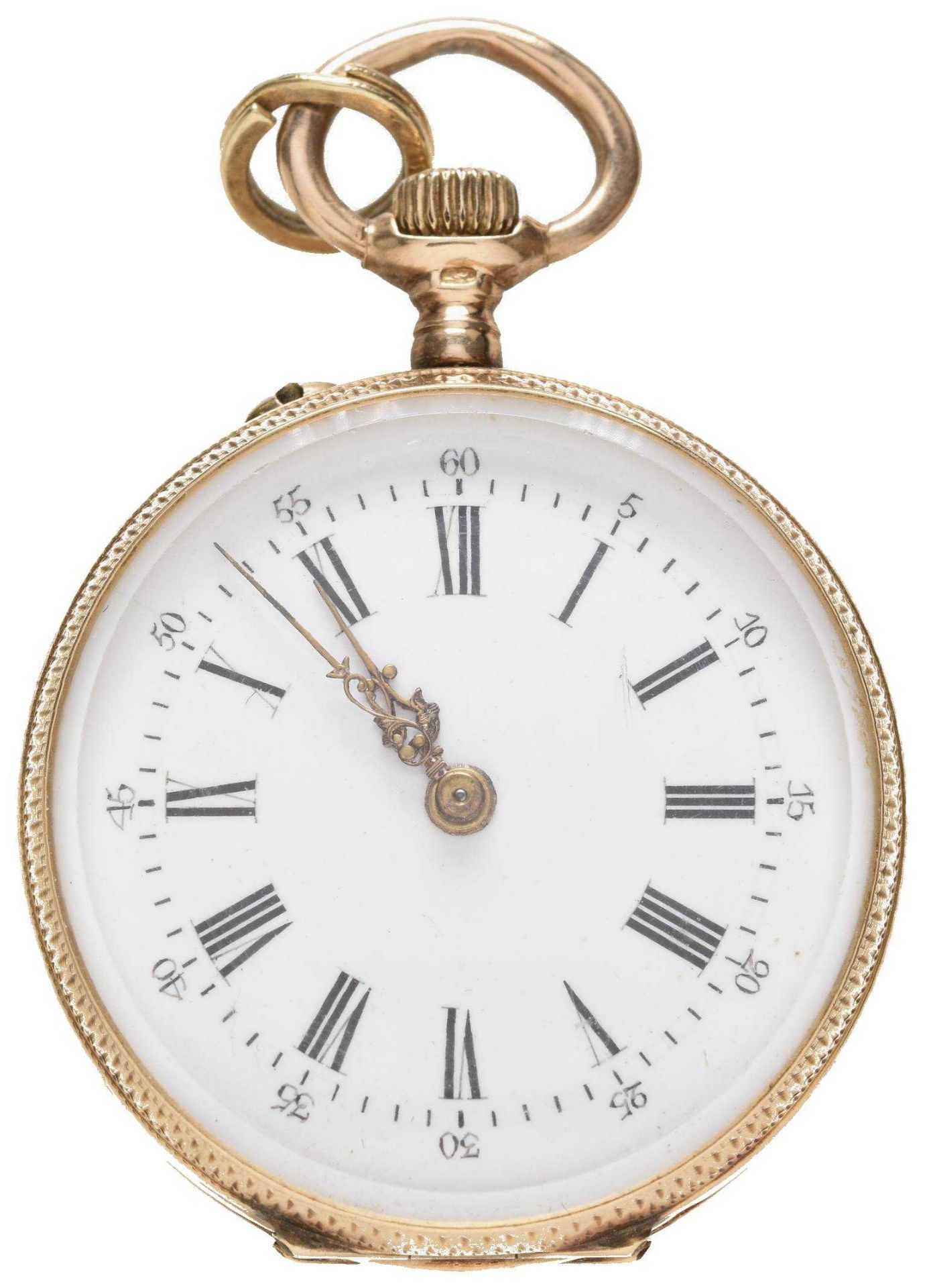 Dainty pocket-watch. Ca. 30 mm, 0.585 Au, manual wind. Enameled dial, black, Arabic indexes, golden