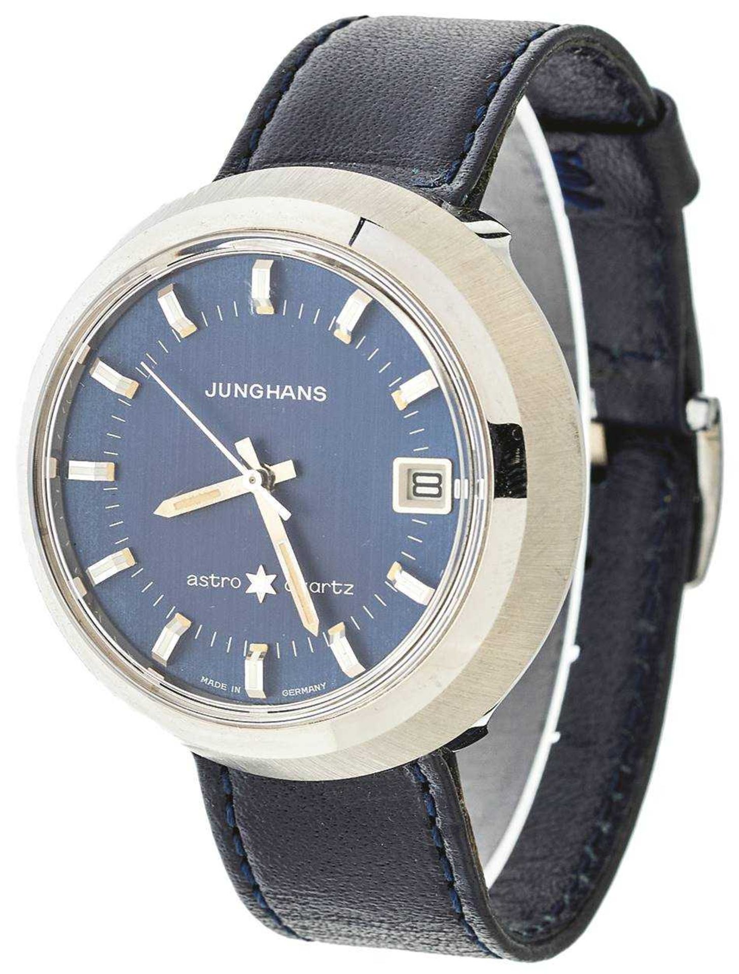 Junghans Astro Herren Armbanduhr. Ca. 40mm, Edelstahl, Quarz. Blaues Ziffernblatt mit silbernen, flu