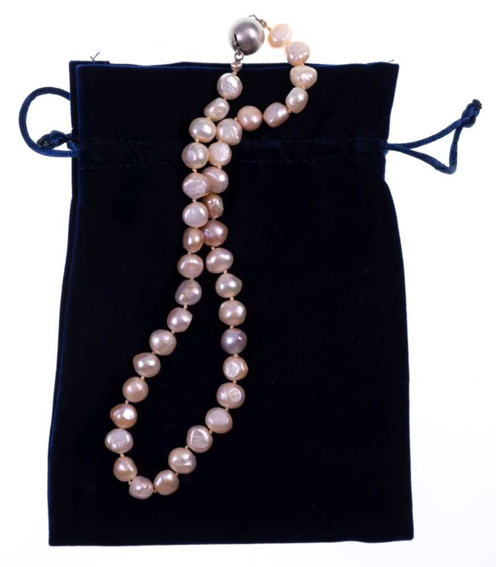 Baroque culture pearl necklace, 585 white gold ball clasp, pearls Dm 7, 1-10 mm, single burled, chan - Image 2 of 2