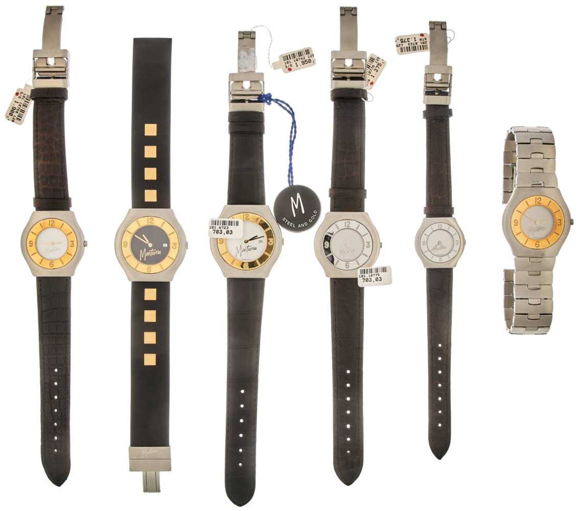 Montana Watch Company Herren/Damen Armbanduhren. Sammlung von 6 Montana Armbanduhren in Gold/Edelsta