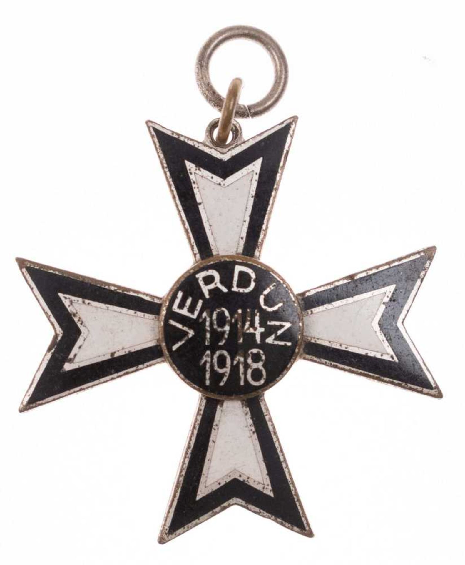 Verdun cross 1914-1918, non-ferrous metal, silver-plated, enameled, on the reverse side with punched