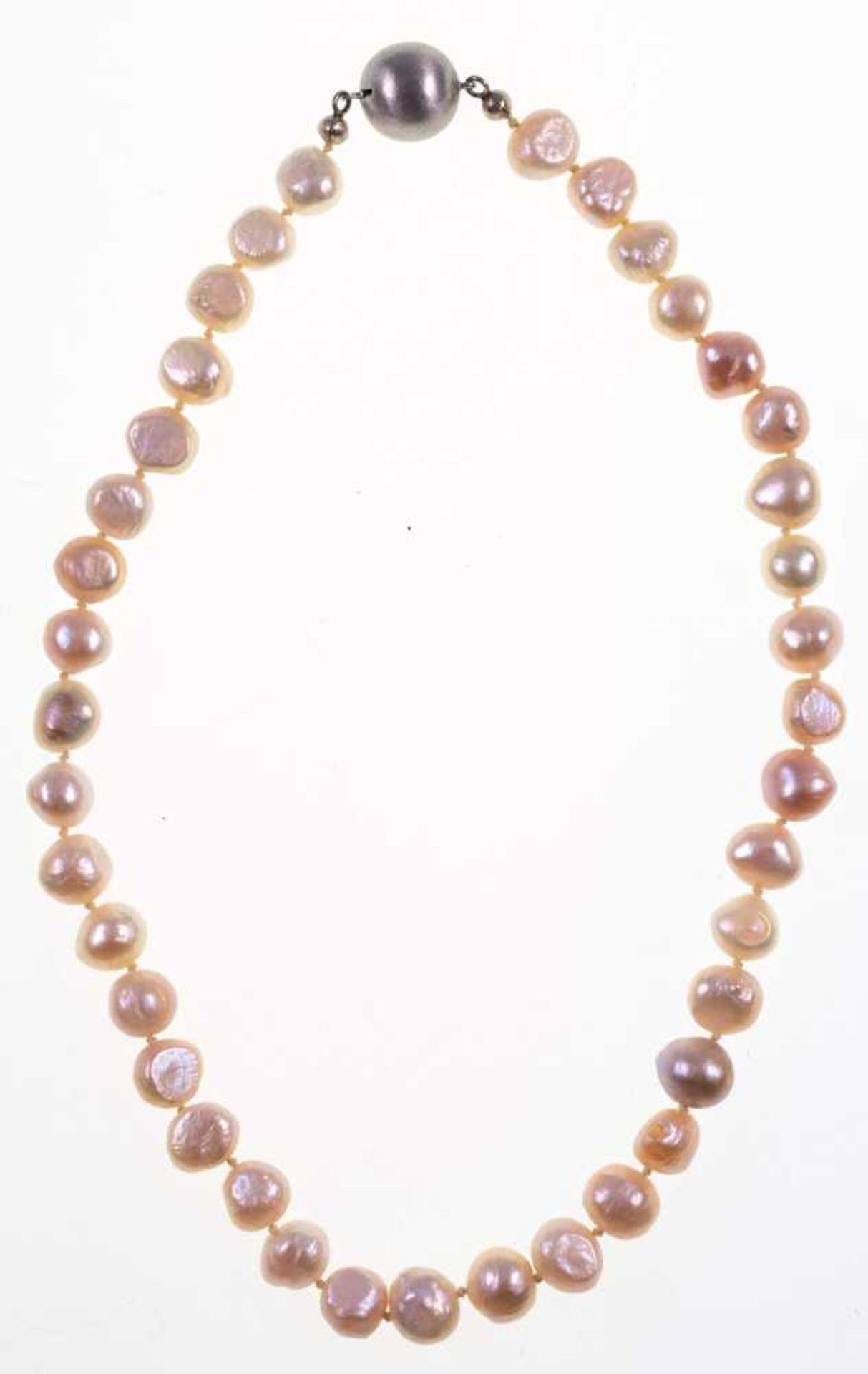 Baroque culture pearl necklace, 585 white gold ball clasp, pearls Dm 7, 1-10 mm, single burled, chan