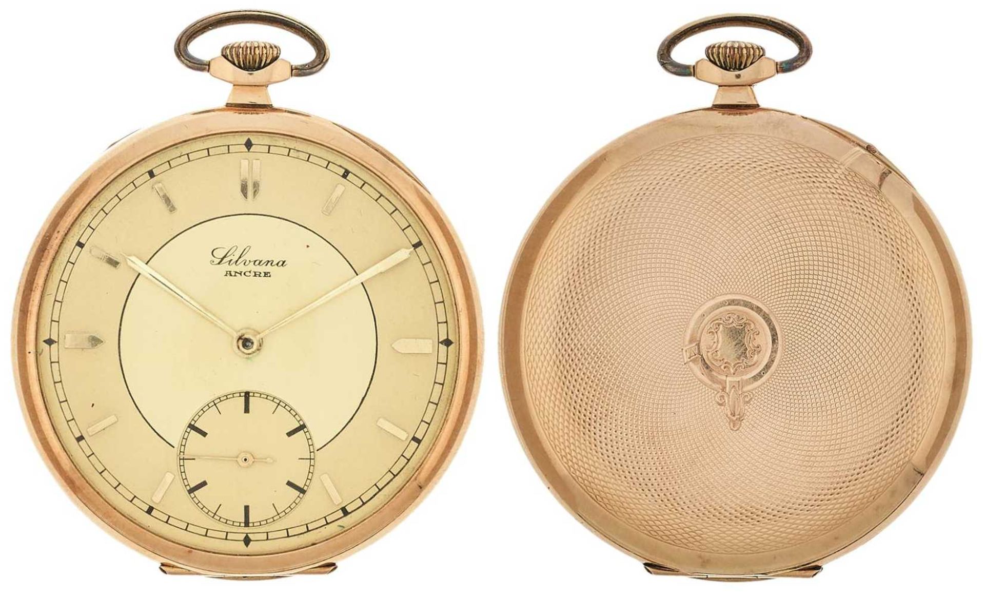 Silvana Ancre pocket-watch. Ca. 49 mm, 585er yellow gold, manual wind. Golden dial with golden index