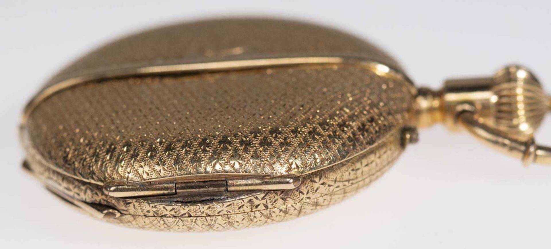 Savonette Taschenuhr. Ca. 36,5mm, 750er Gold, Handaufzug. Emailliertes Ziffernblatt mit goldenen Zei - Bild 4 aus 6
